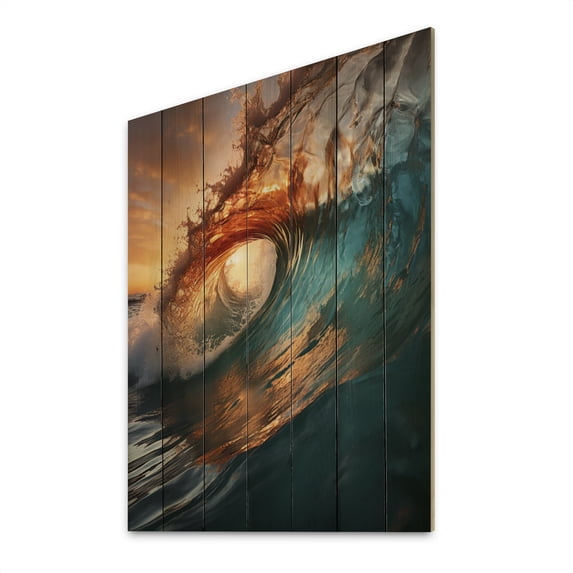 Designart "Sunlit Waves Beach Photo X" Nautical & Beach Print on Natural Pine Wood