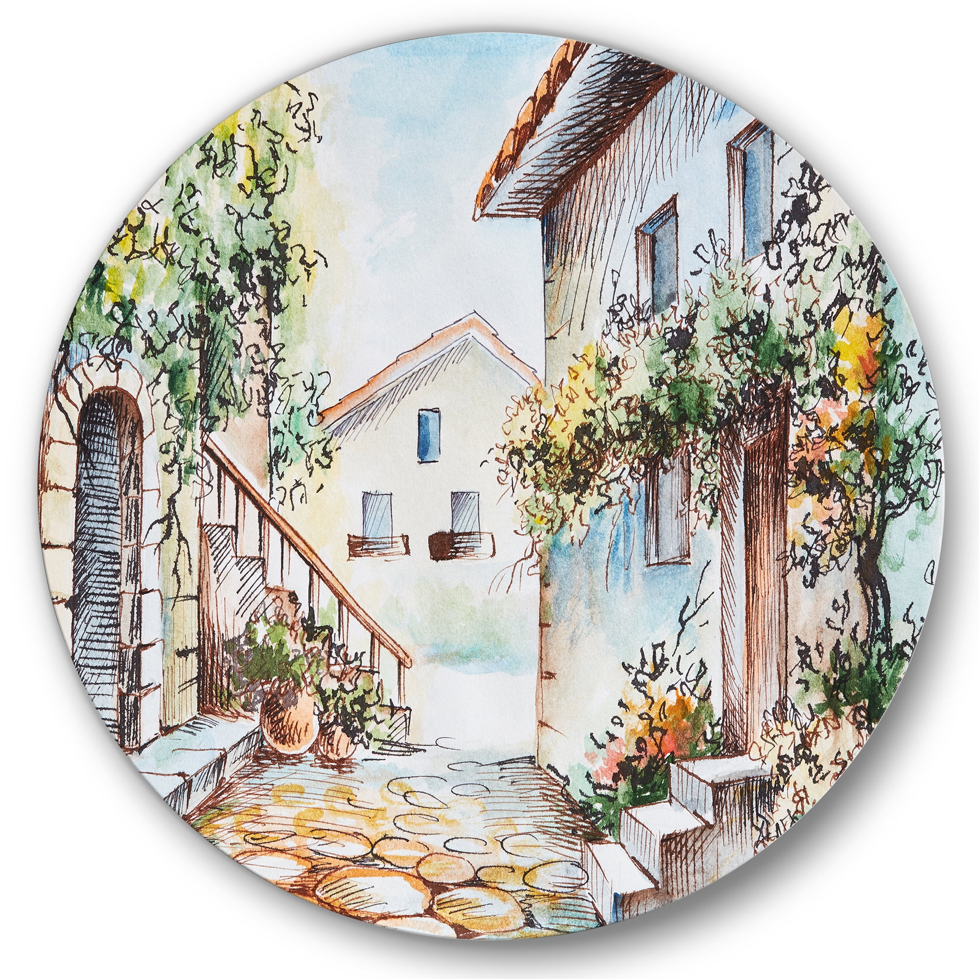 Designart 'Sunny Day At The Vintage City Cozy Street' Traditional Circle Metal Wall Art 36x36 - Disc of 36