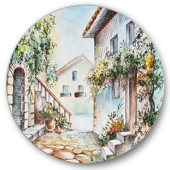 Designart 'Sunny Day At The Vintage City Cozy Street' Traditional Circle Metal Wall Art 36x36 - Disc of 36