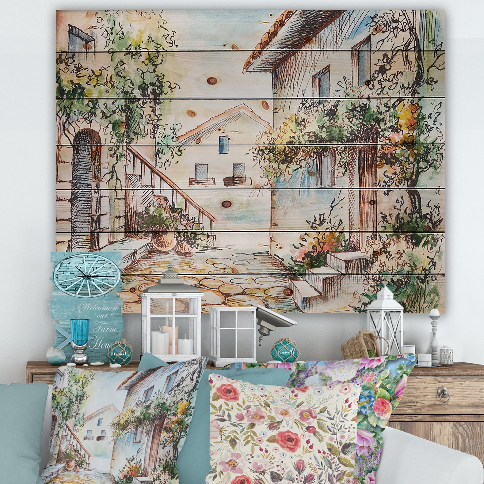 Designart 'Sunny Day At The Vintage City Cozy Street' Traditional Print on Natural Pine Wood