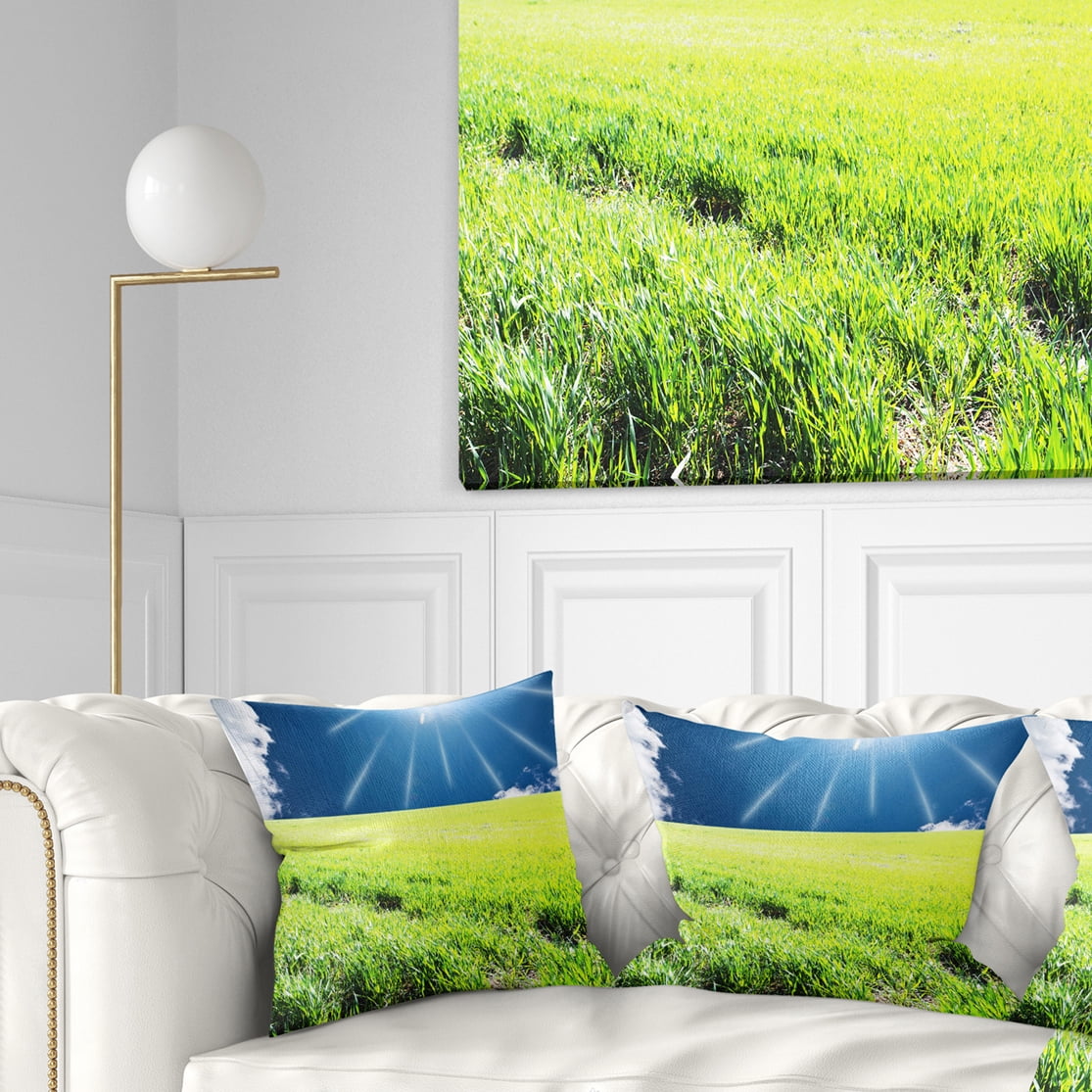 Designart Sunny Field with Green Grassland - Landscape Printed Throw Pillow - 18x18