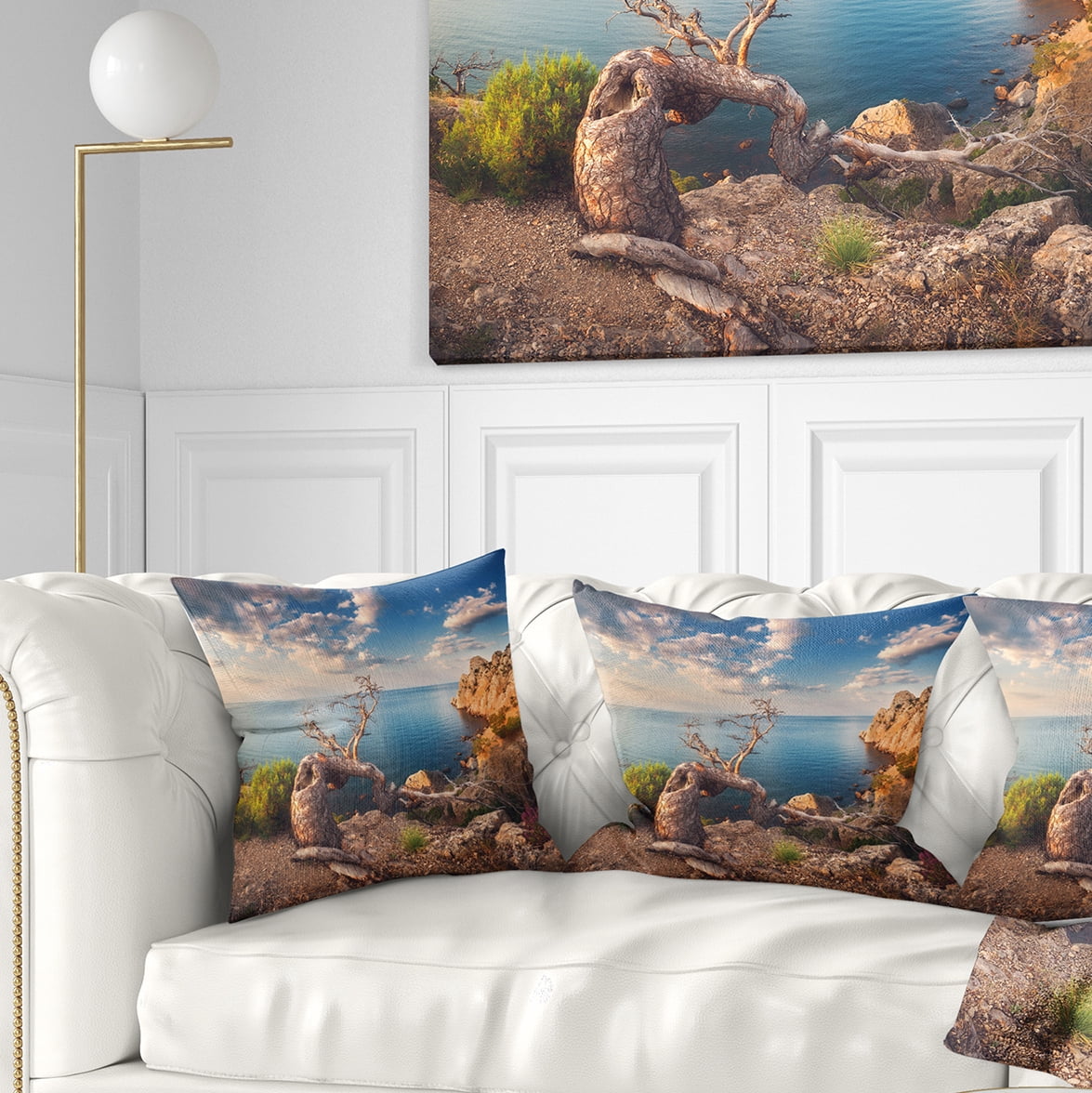 Designart Sunny Morning with Old Tree - Seashore Photo Throw Pillow - 18x18
