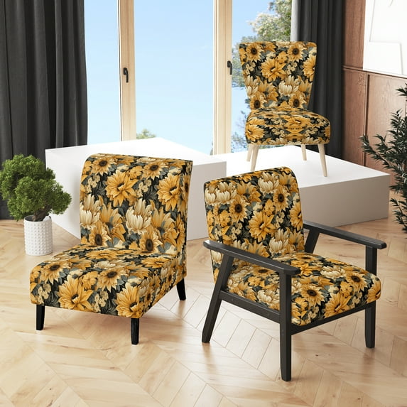 Designart "Sunny Rustic Sunflower Field I" Yellow Floral Upholstered Accent Chair - Cottage Arm Chair For Living Room