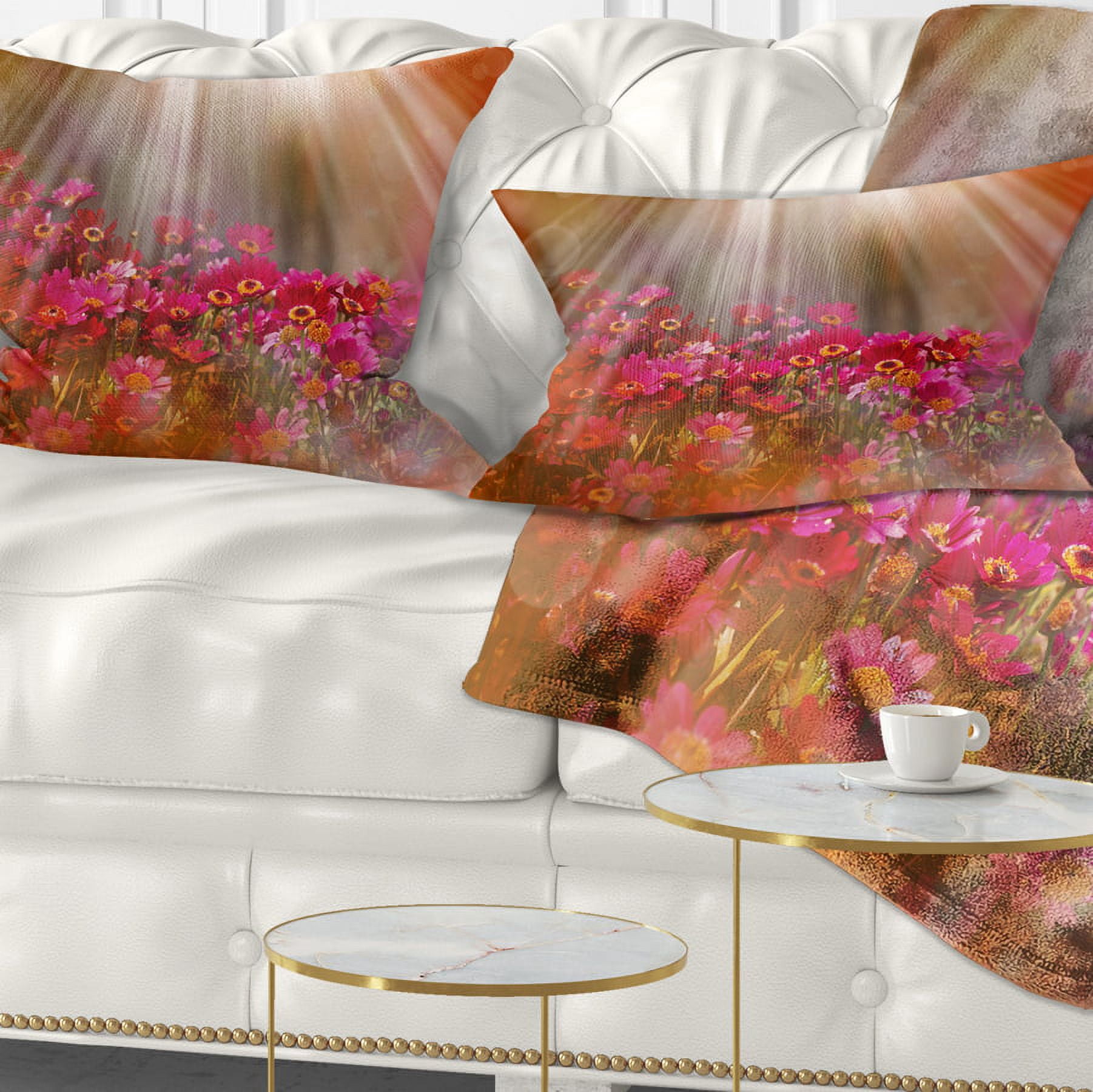 Designart Sunrays over Little Red Flowers - Floral Throw Pillow - 12x20
