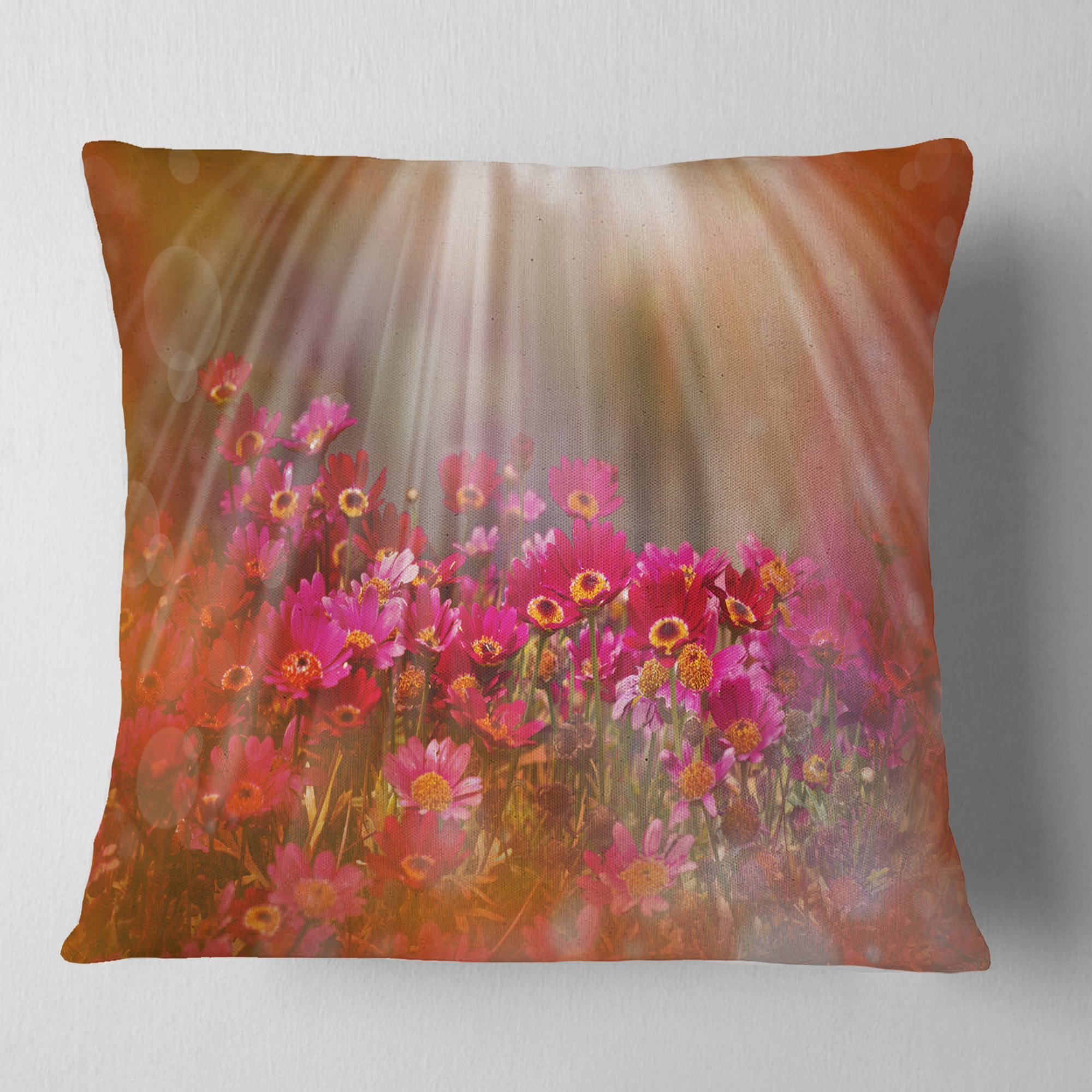 Designart Sunrays over Little Red Flowers - Floral Throw Pillow - 16x16