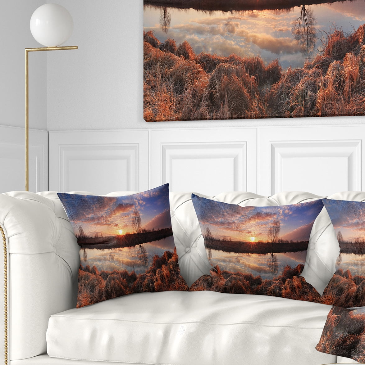 Designart Sunrise Above Spring River - Landscape Photo Throw Pillow - 16x16