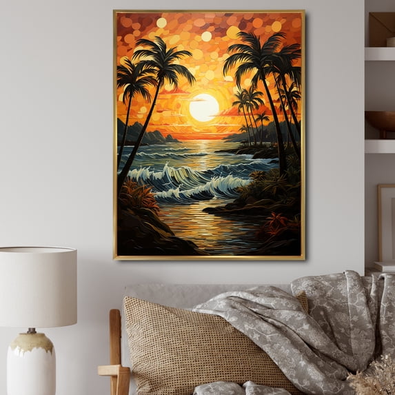 Designart "Sunrise Amidst Palm Trees III" Floral Floater Framed Canvas Print