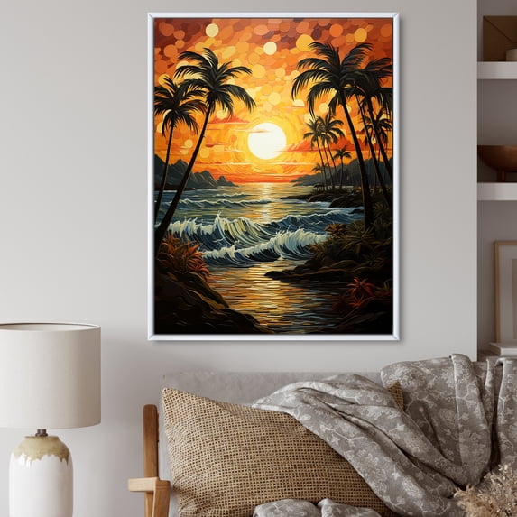 Designart "Sunrise Amidst Palm Trees III" Floral Floater Framed Canvas Print