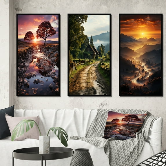 Designart "Sunrise Among the Trees in Germany" Floral Framed Wall Art Set Of 3 - Pink Germany Frame Canvas Set For Living Room Decor