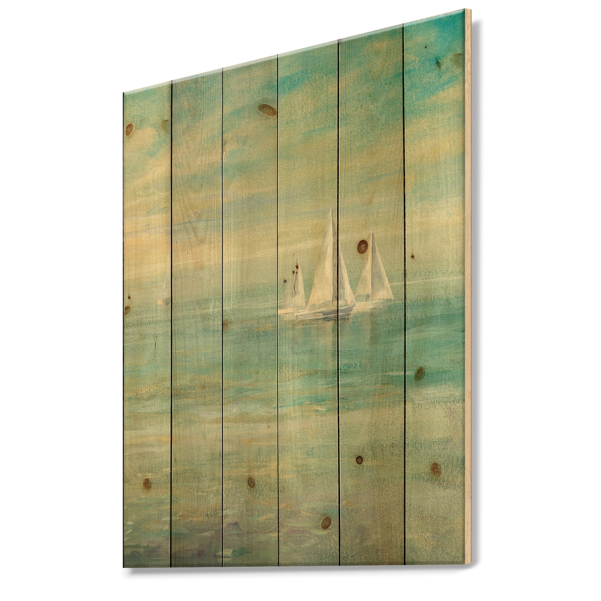 Designart 'Sunrise Boat II' Nautical & Coastal Print on Natural Pine Wood