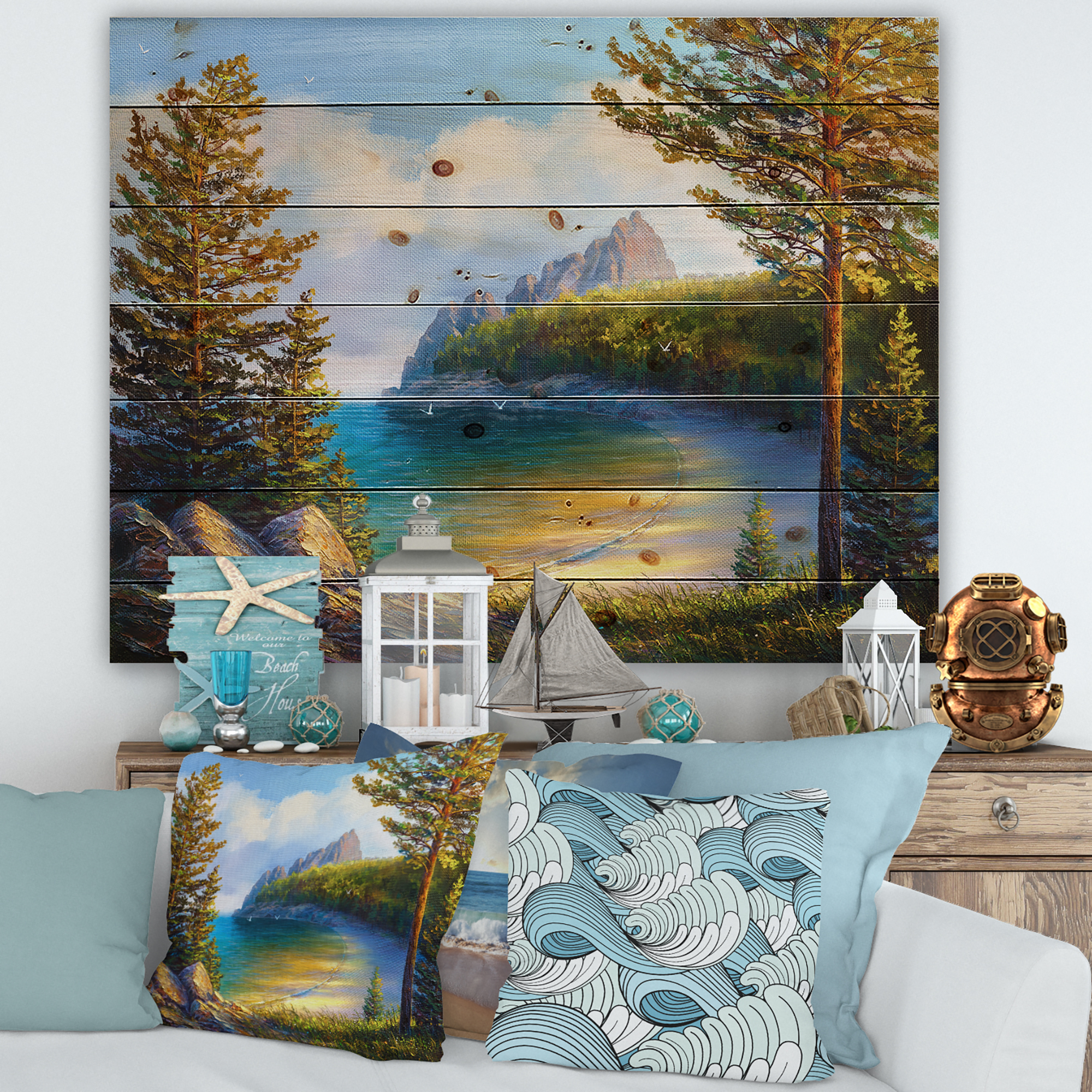 Designart 'Sunrise By The Wild Beach' Nautical & Coastal Print on Natural Pine Wood