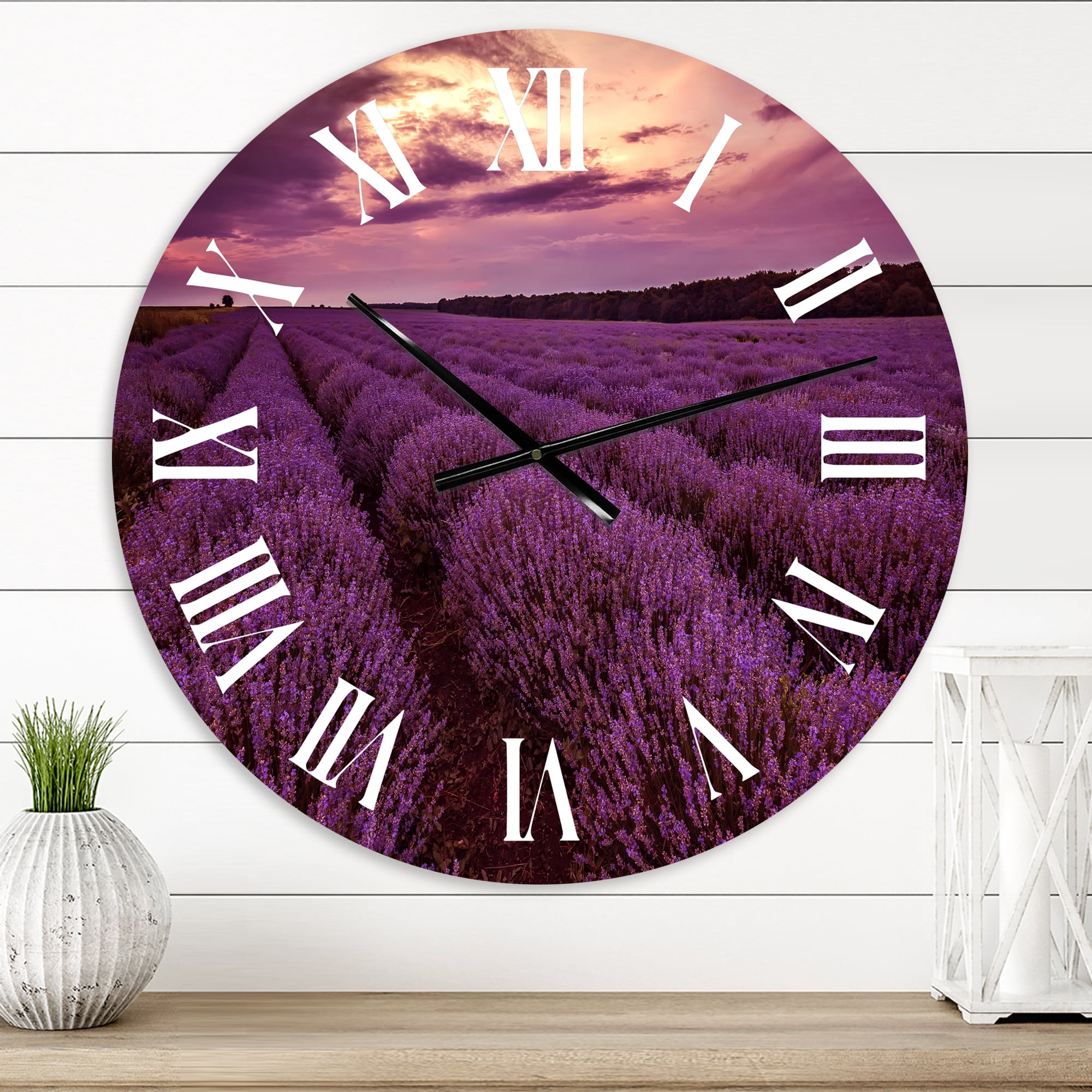 Designart 'Sunrise & Dramatic Clouds Over Lavender Field Iii' Farmhouse Wall Clock