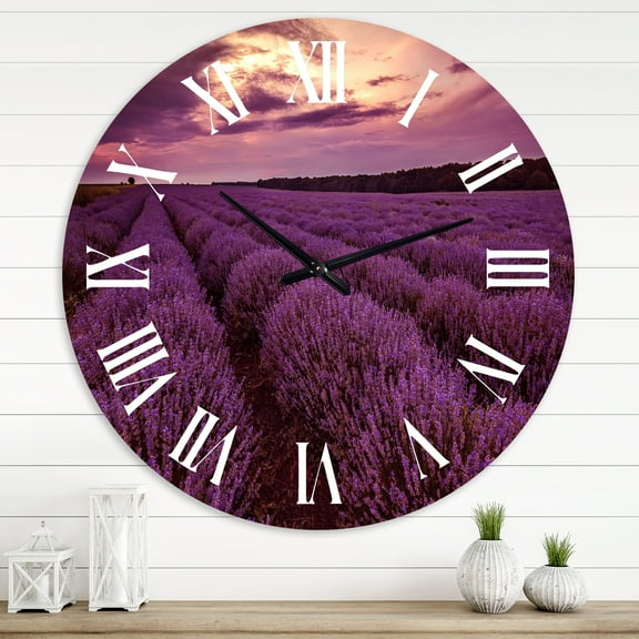 Designart 'Sunrise & Dramatic Clouds Over Lavender Field Iii' Farmhouse Wall Clock