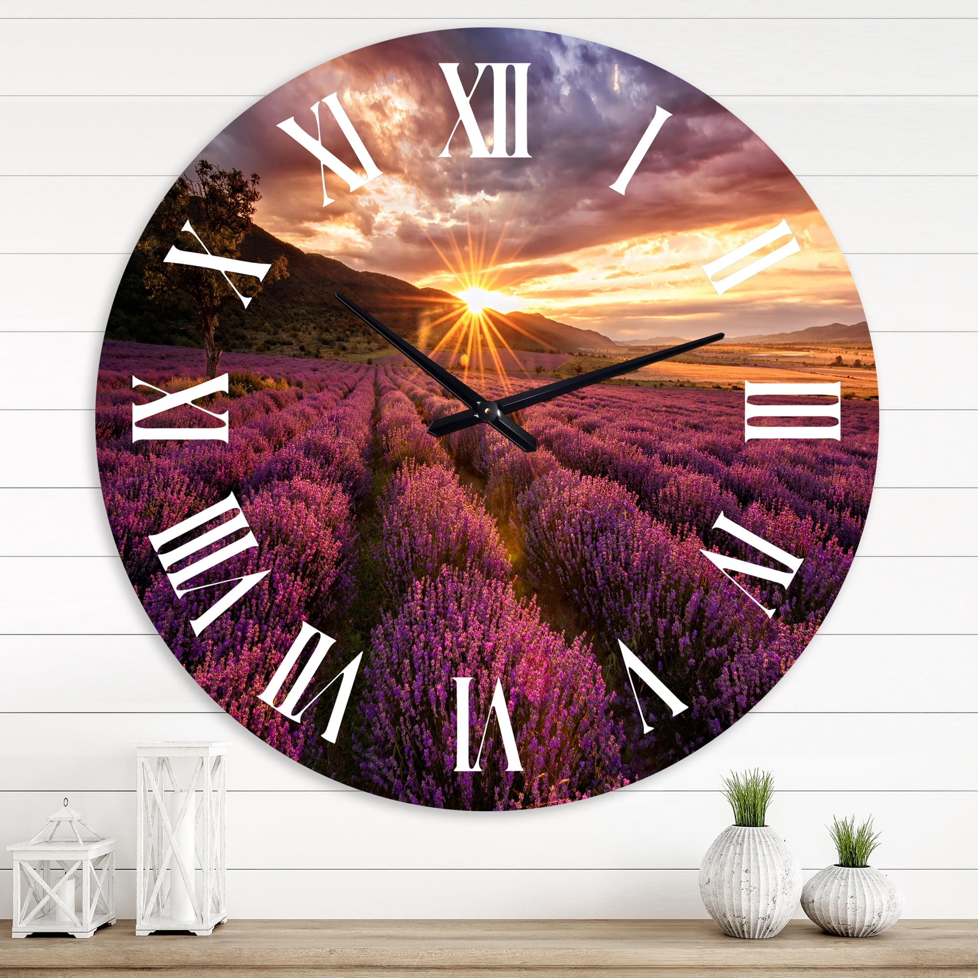 Designart 'Sunrise & Dramatic Clouds Over Lavender Field Iv' Farmhouse Wall Clock