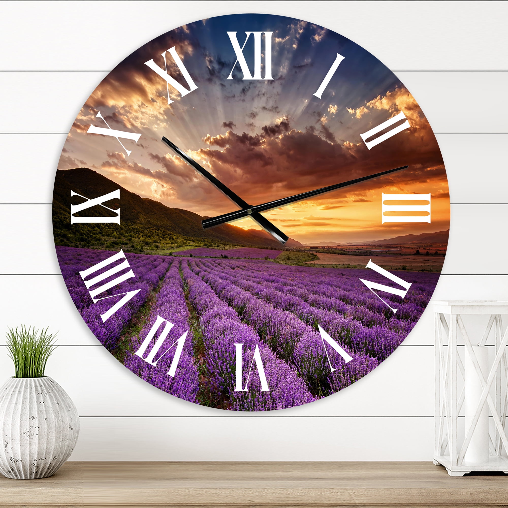 Designart 'Sunrise & Dramatic Clouds Over Lavender Field X' Farmhouse Wall Clock