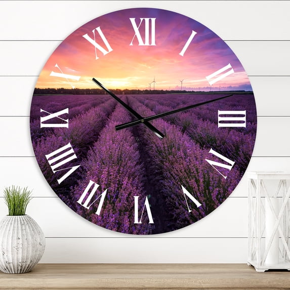 Designart 'Sunrise & Dramatic Clouds Over Lavender Field Xiii' Farmhouse Wall Clock