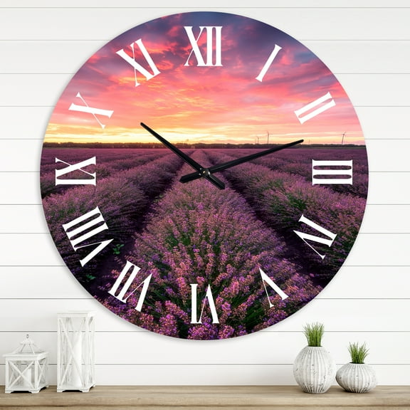 Designart 'Sunrise & Dramatic Clouds Over Lavender Field Xiv' Farmhouse Wall Clock