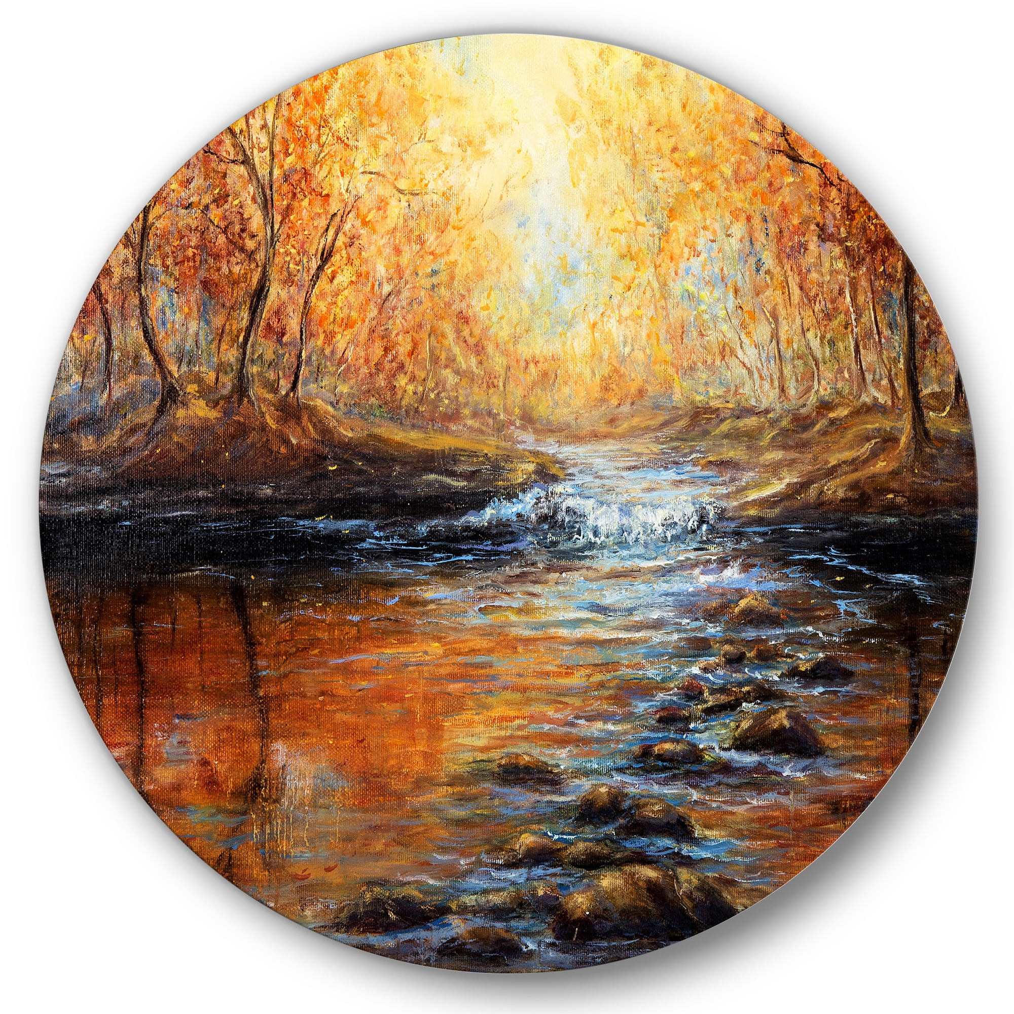 Designart 'Sunrise Glow In The Autumn Forest' Lake House Circle Metal Wall Art 11x11 - Disc of 11