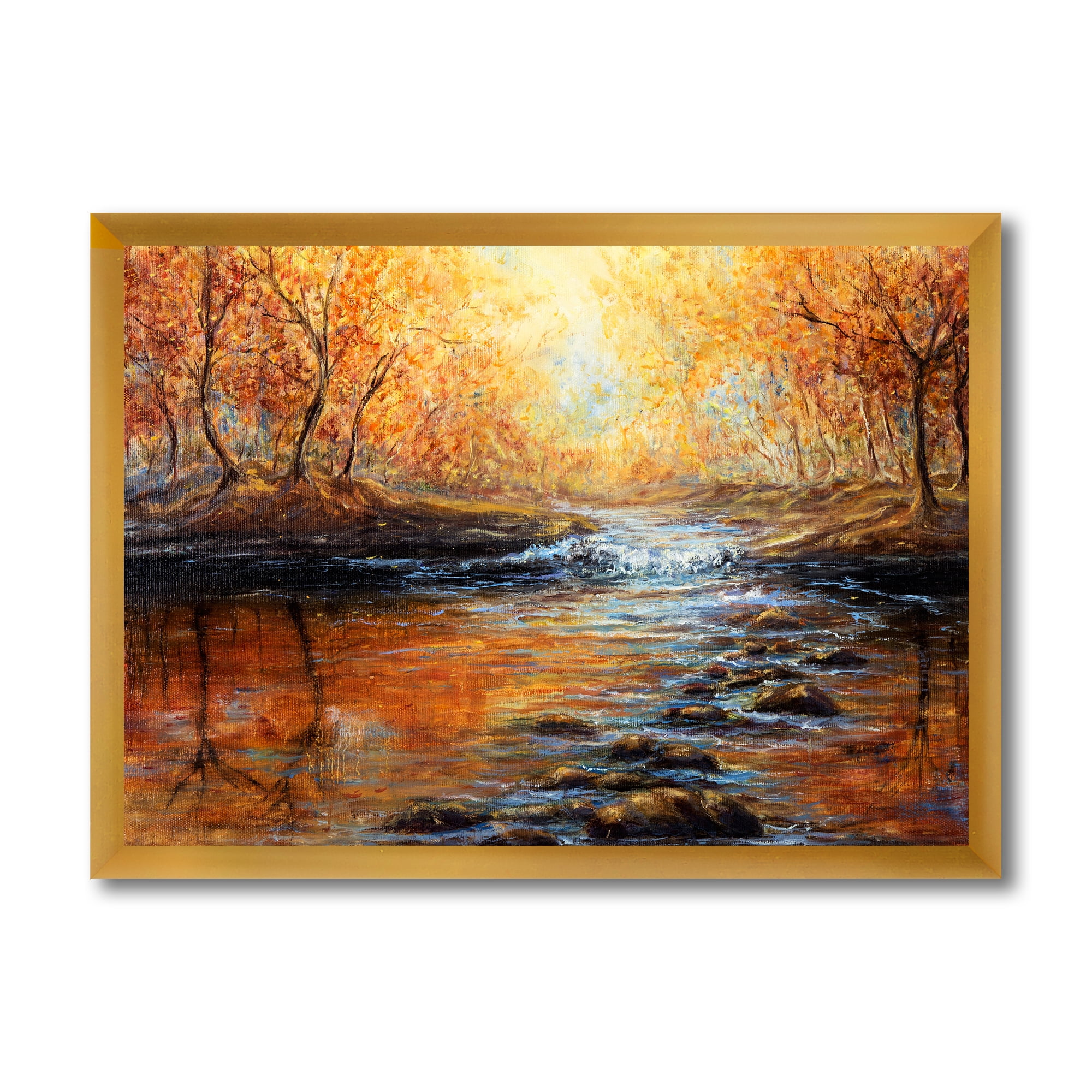 Designart 'Sunrise Glow In The Autumn Forest' Lake House Framed Art Print