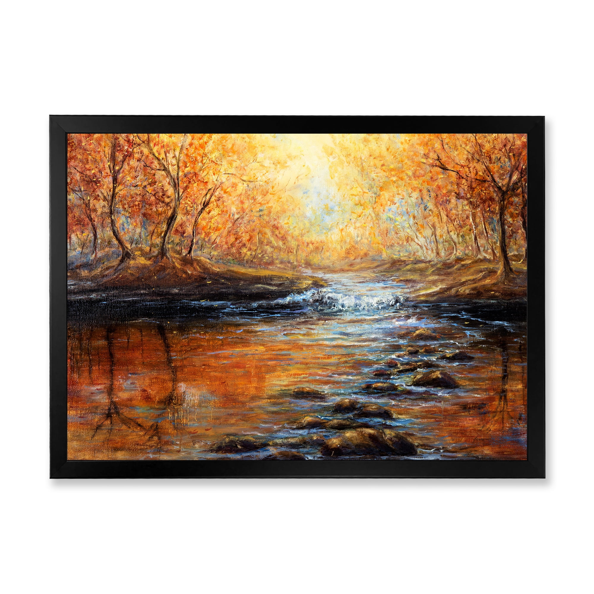 Designart 'Sunrise Glow In The Autumn Forest' Lake House Framed Art Print