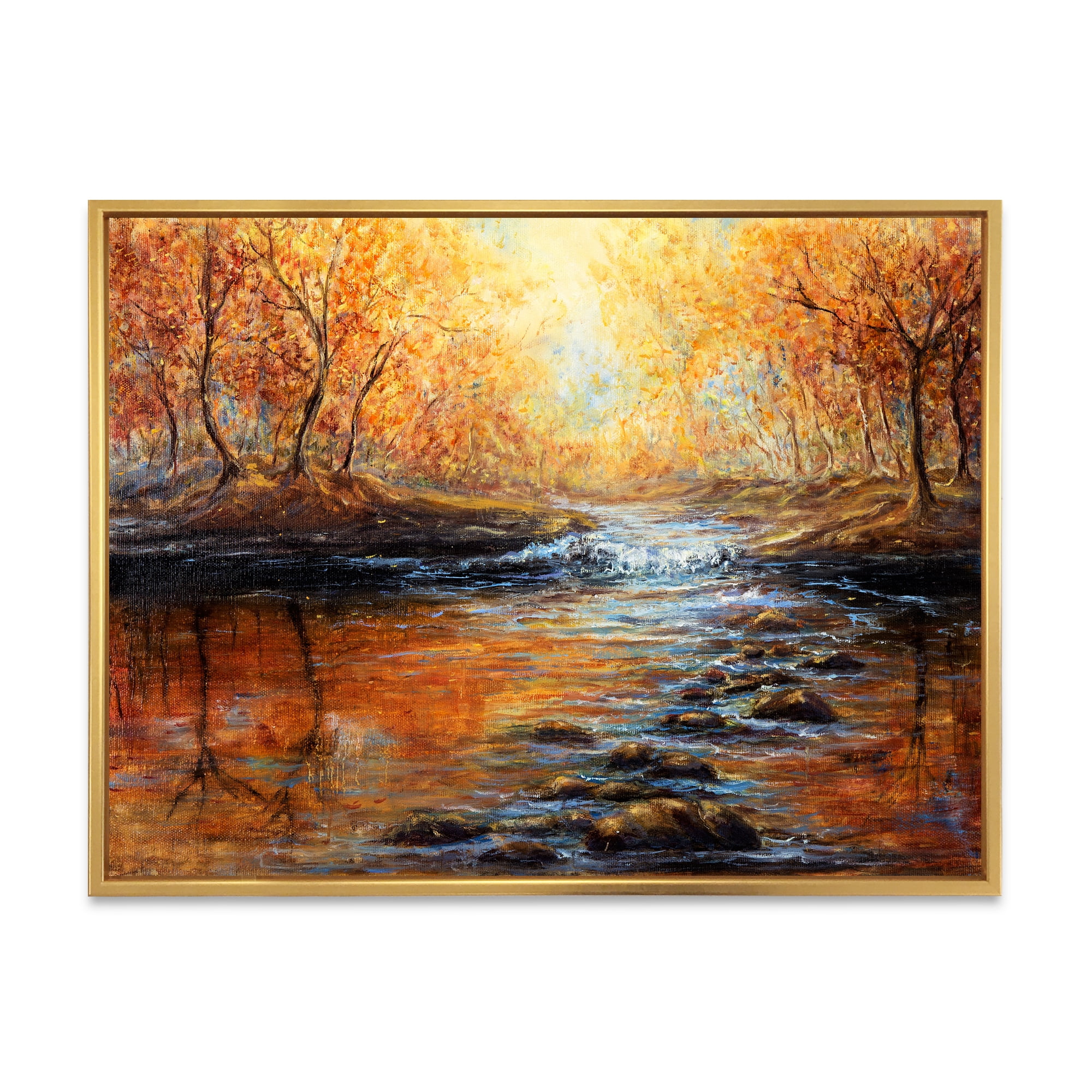 Designart 'Sunrise Glow In The Autumn Forest' Lake House Framed Canvas Wall Art Print