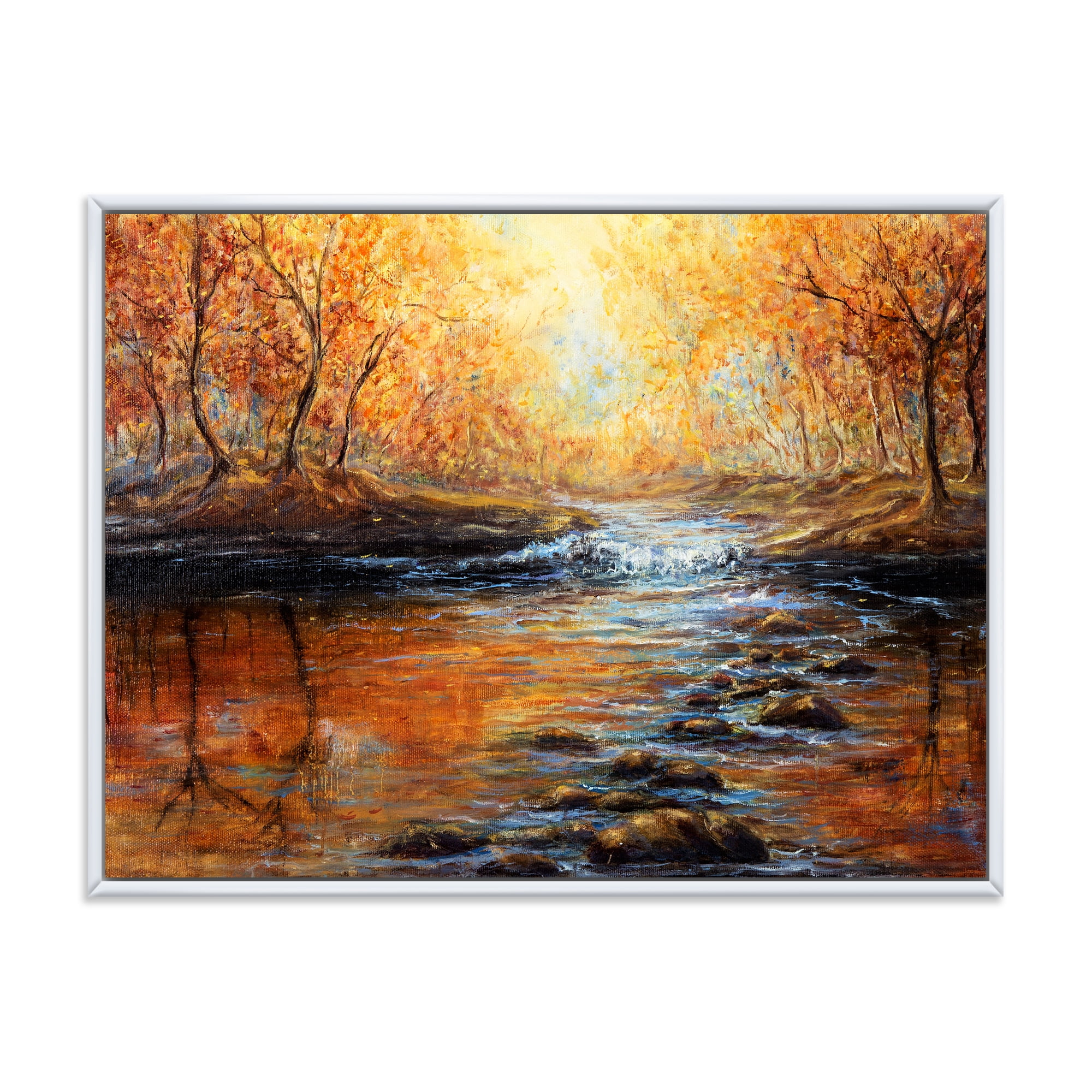 Designart 'Sunrise Glow In The Autumn Forest' Lake House Framed Canvas Wall Art Print