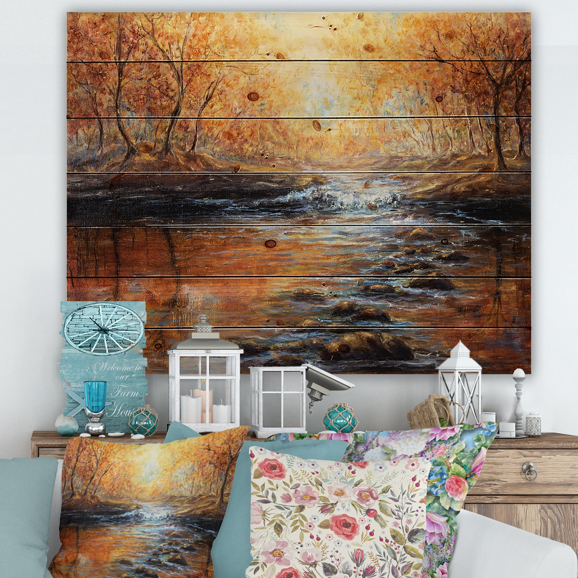 Designart 'Sunrise Glow In The Autumn Forest' Lake House Print on Natural Pine Wood