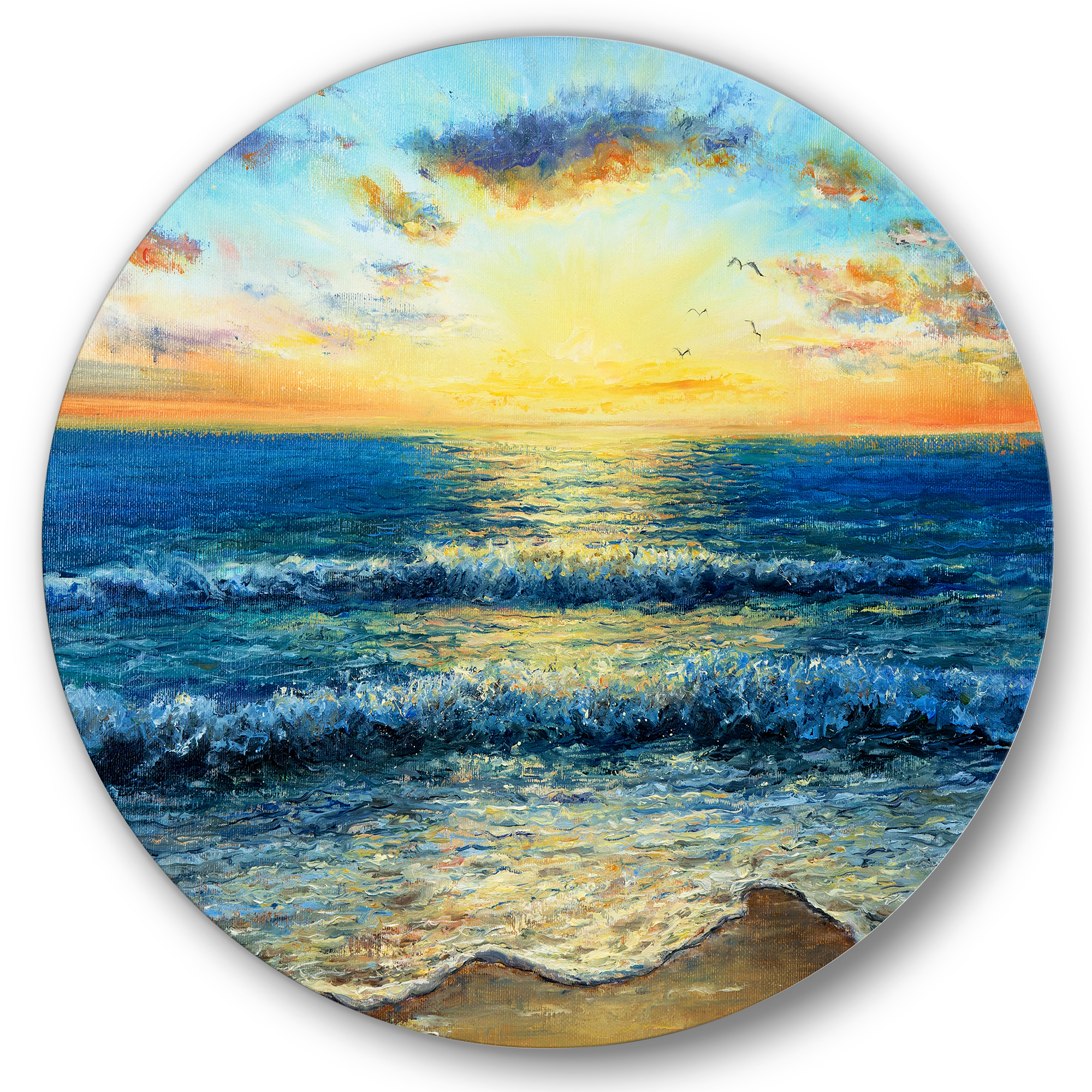 Designart 'Sunrise Glow On The Ocean Waves I' Nautical & Coastal Circle Metal Wall Art 29x29 - Disc of 29