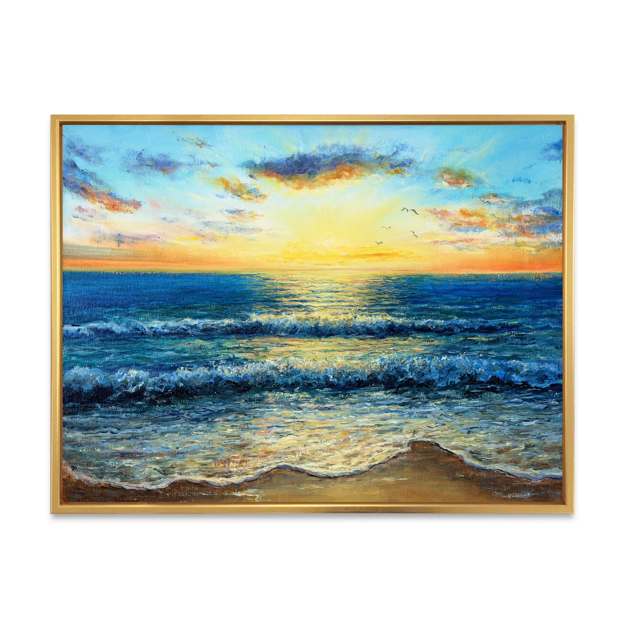 Designart 'Sunrise Glow On The Ocean Waves I' Nautical & Coastal Framed Canvas Wall Art Print