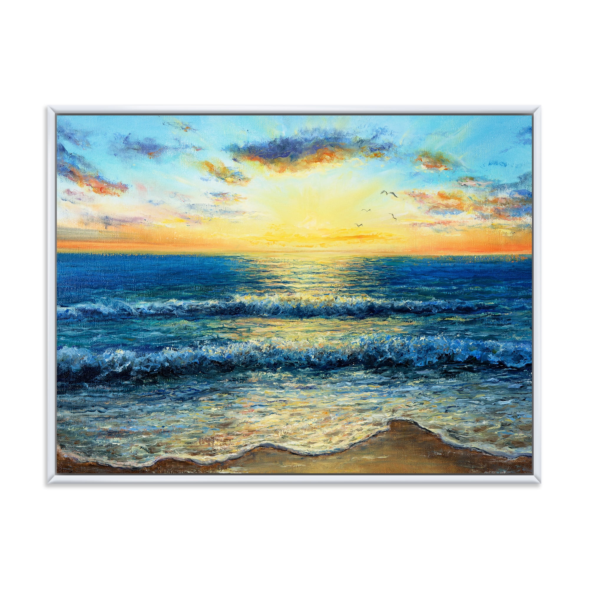 Designart 'Sunrise Glow On The Ocean Waves I' Nautical & Coastal Framed Canvas Wall Art Print