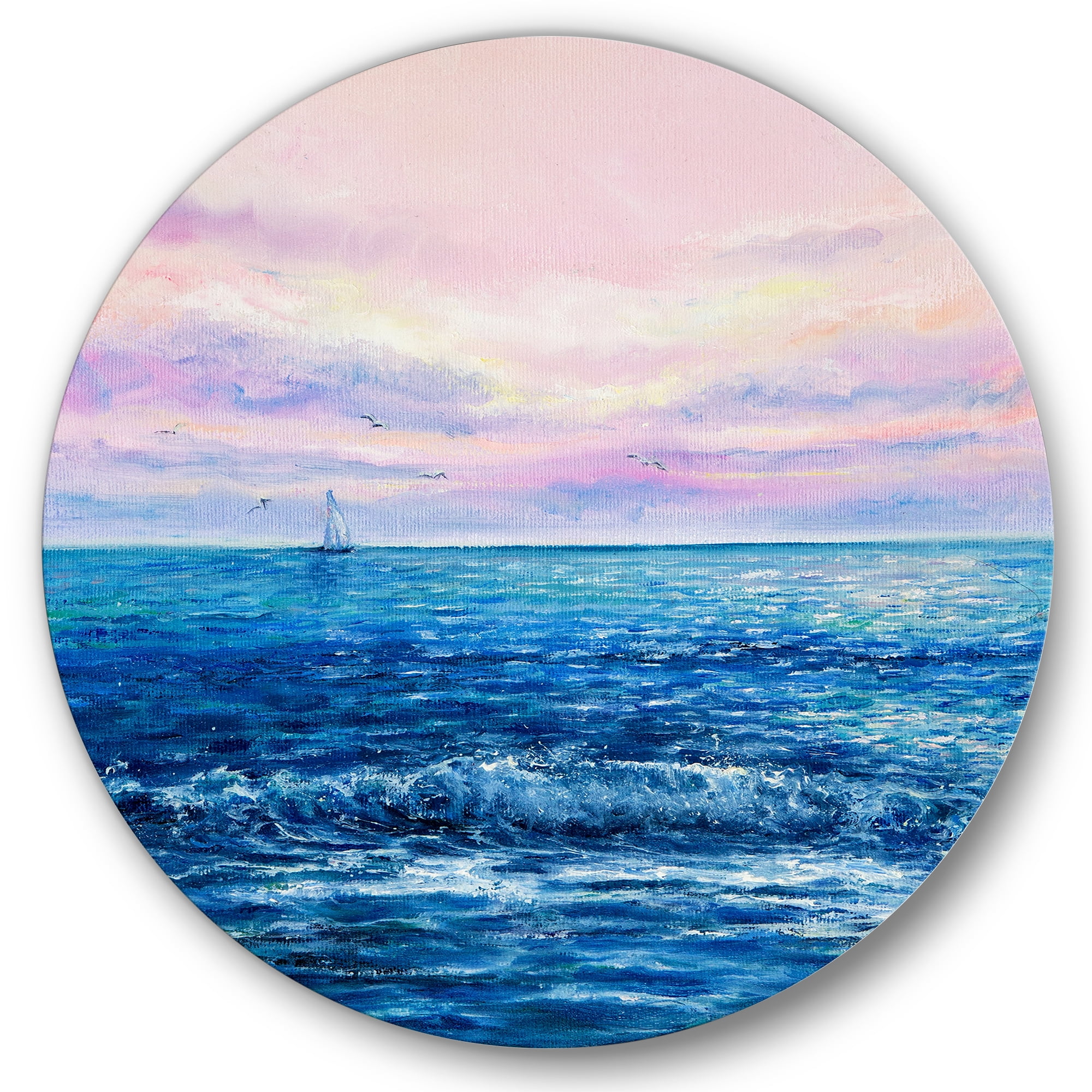 Designart 'Sunrise Glow On The Ocean Waves II' Nautical & Coastal Circle Metal Wall Art 36x36 - Disc of 36