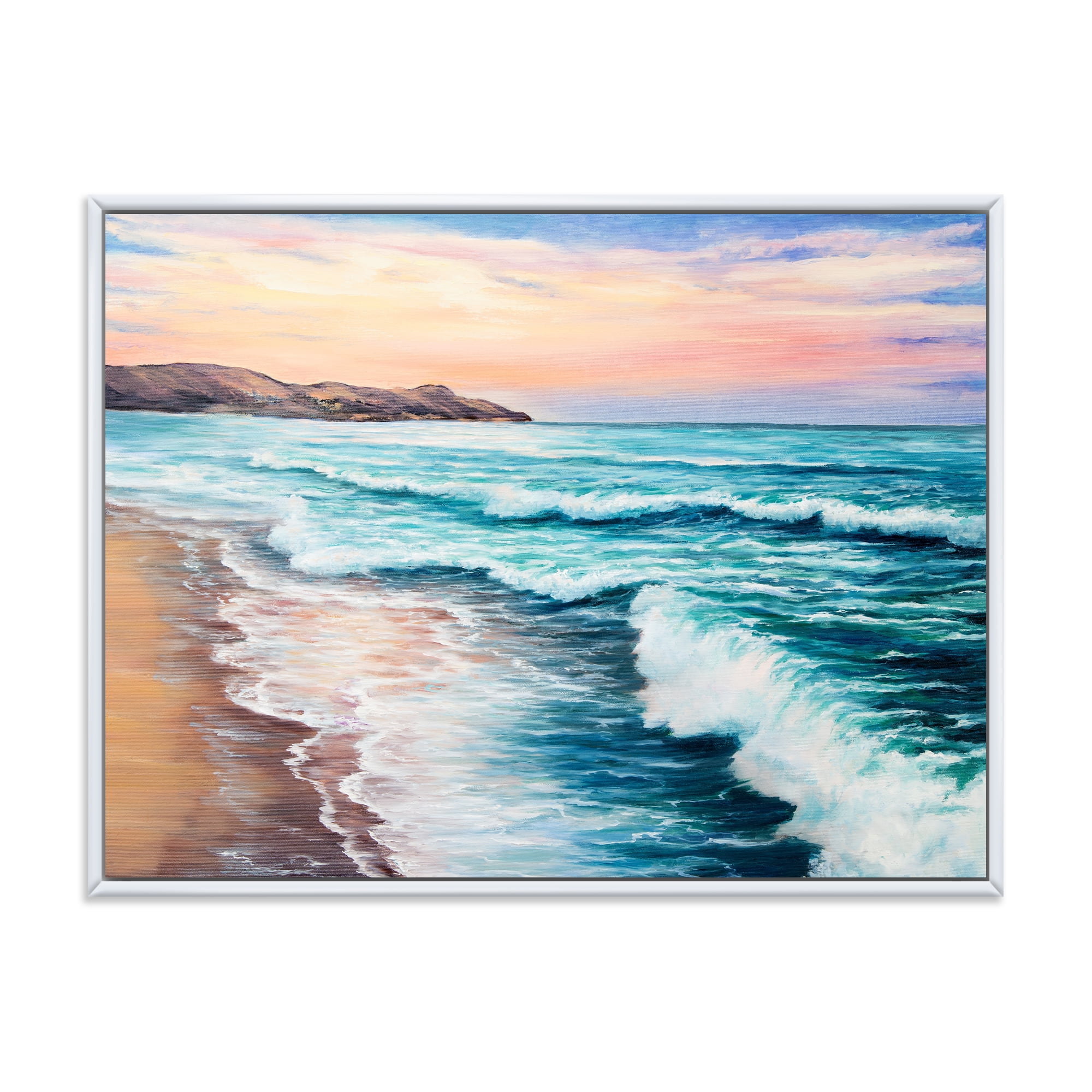 Designart 'Sunrise Glow On The Ocean Waves III' Nautical & Coastal Framed Canvas Wall Art Print