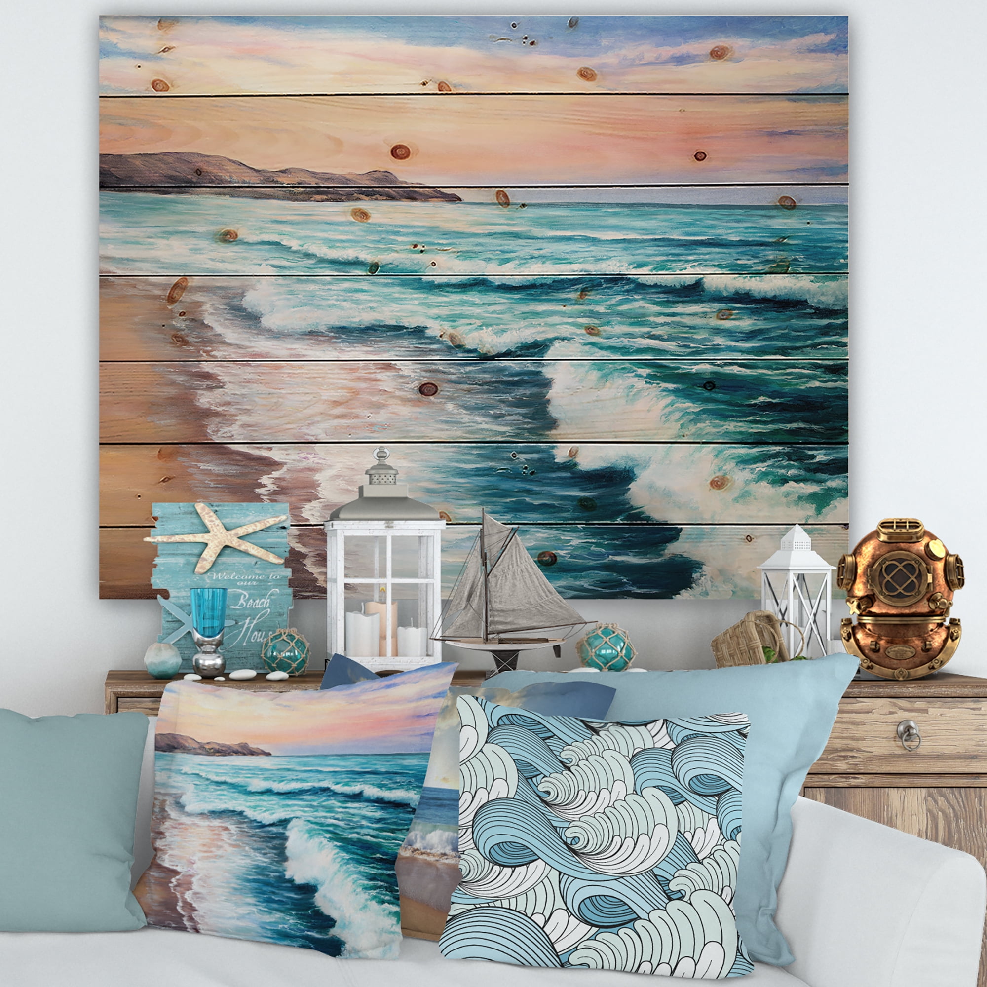 Designart 'Sunrise Glow On The Ocean Waves III' Nautical & Coastal Print on Natural Pine Wood