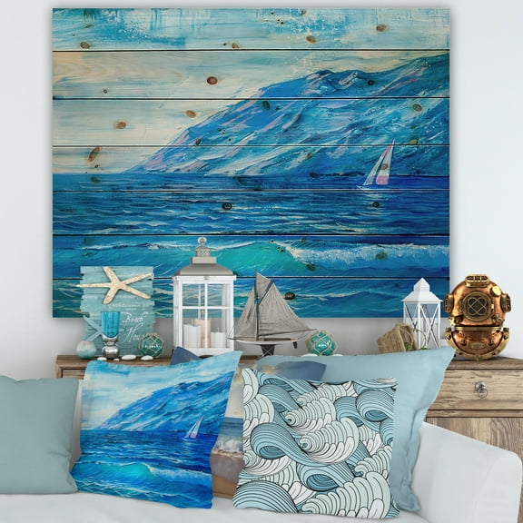 Designart 'Sunrise Glow On The Sea Waves II' Nautical & Coastal Print on Natural Pine Wood