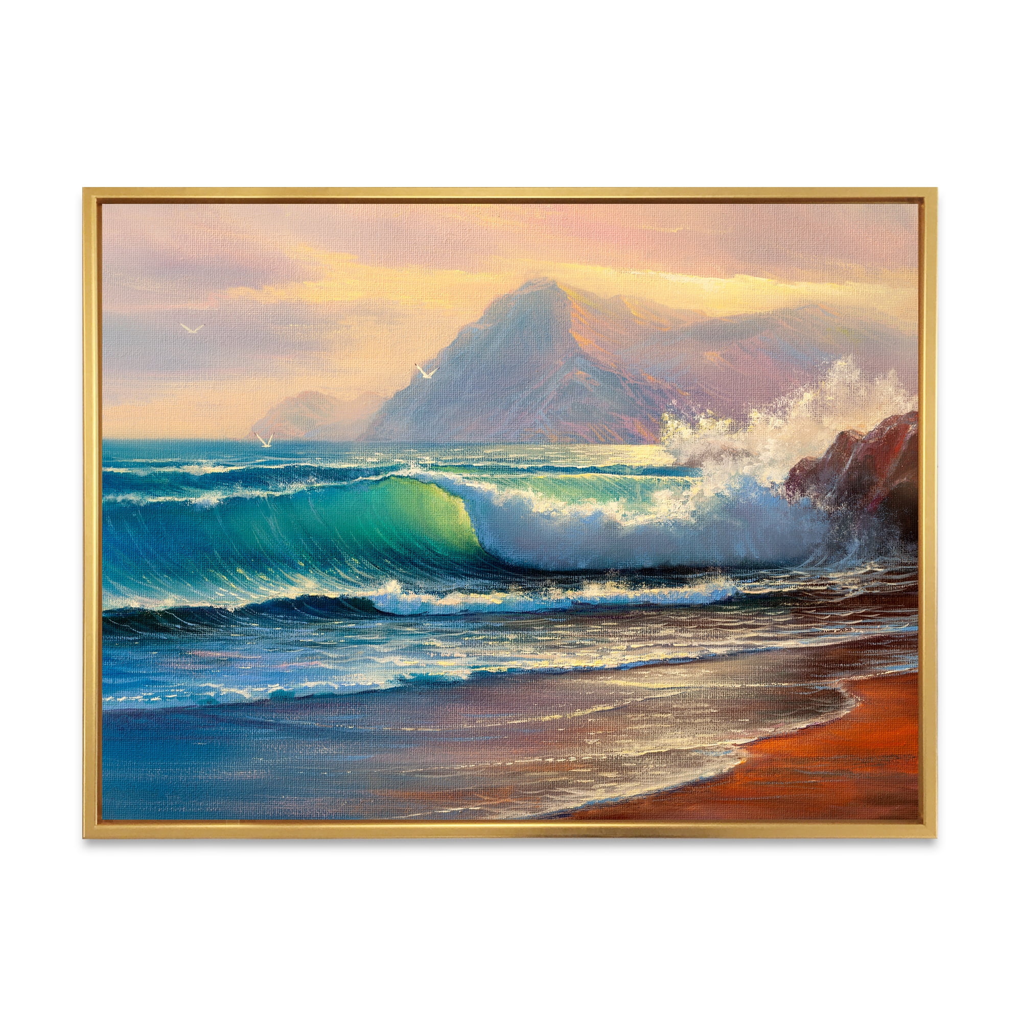 Designart 'Sunrise Glow On The Sea Waves III' Nautical & Coastal Framed Canvas Wall Art Print
