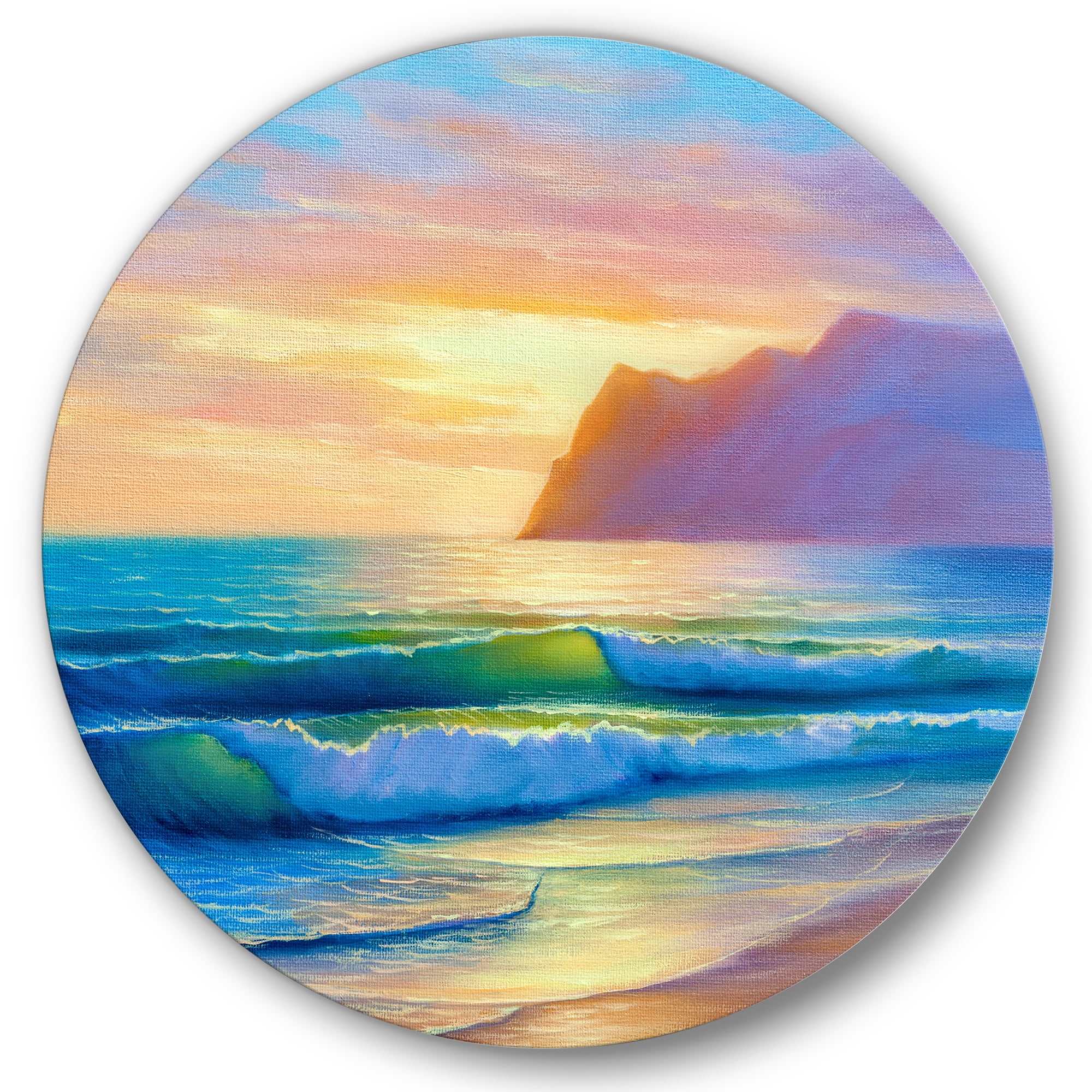 Designart 'Sunrise Glow On The Sea Waves IV' Nautical & Coastal Circle Metal Wall Art 11x11 - Disc of 11