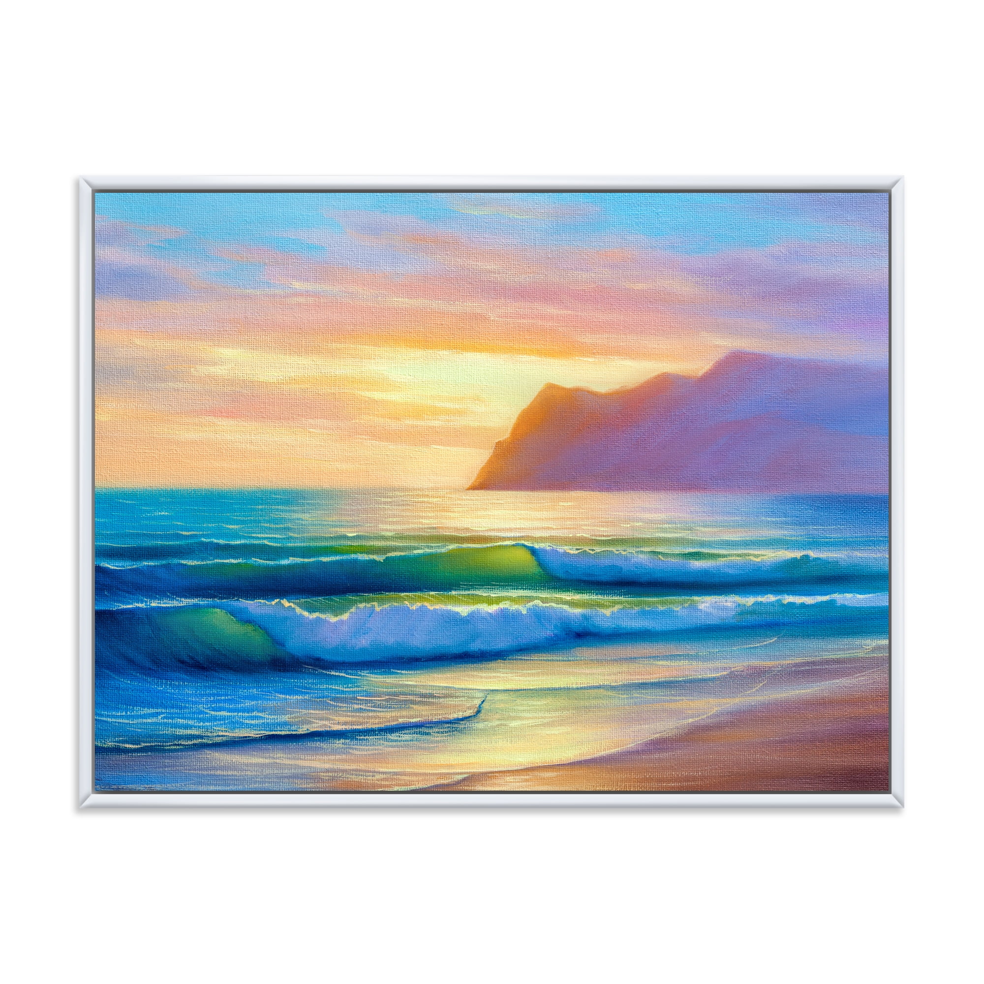Designart 'Sunrise Glow On The Sea Waves IV' Nautical & Coastal Framed Canvas Wall Art Print