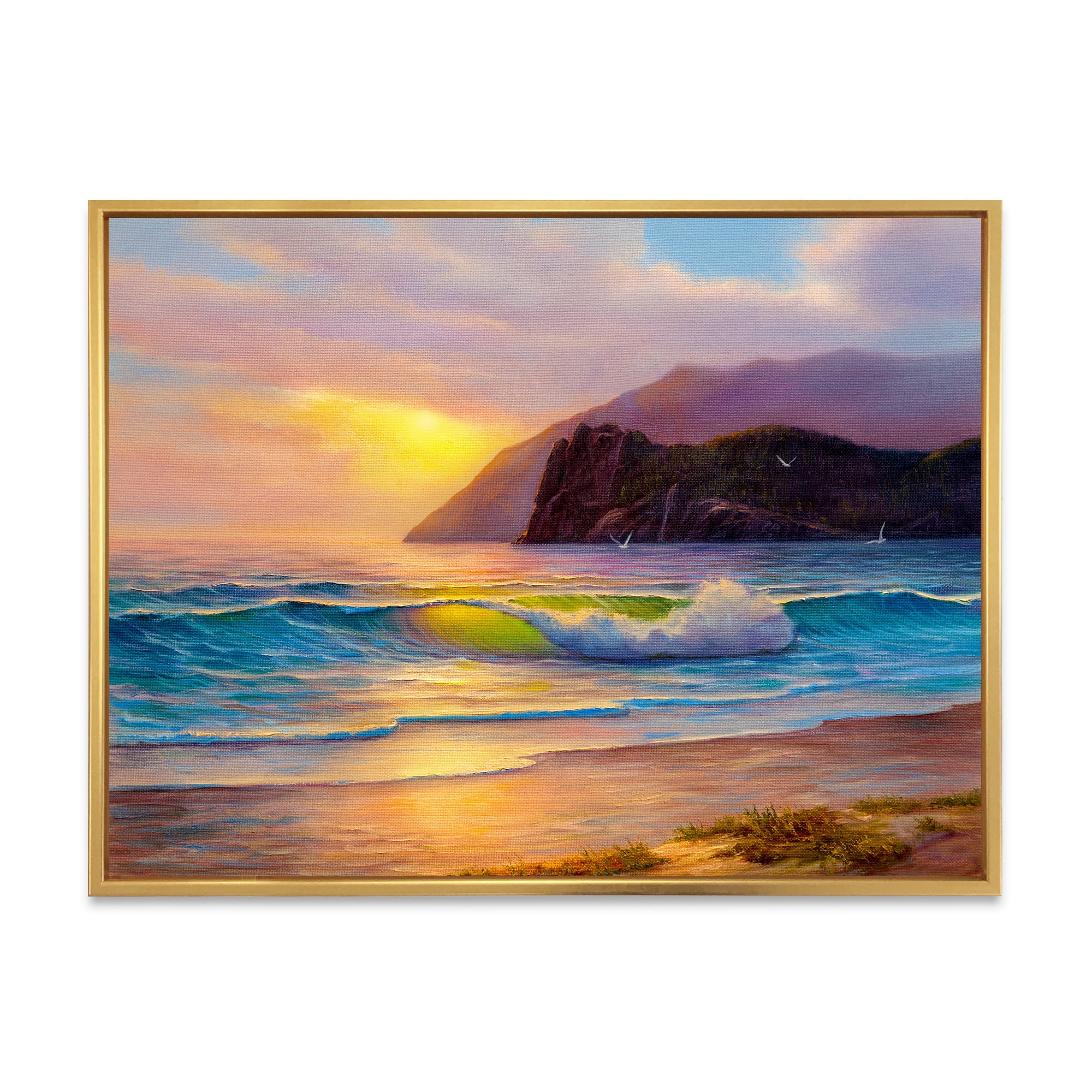 Designart 'Sunrise Glow On The Sea Waves V' Nautical & Coastal Framed Canvas Wall Art Print