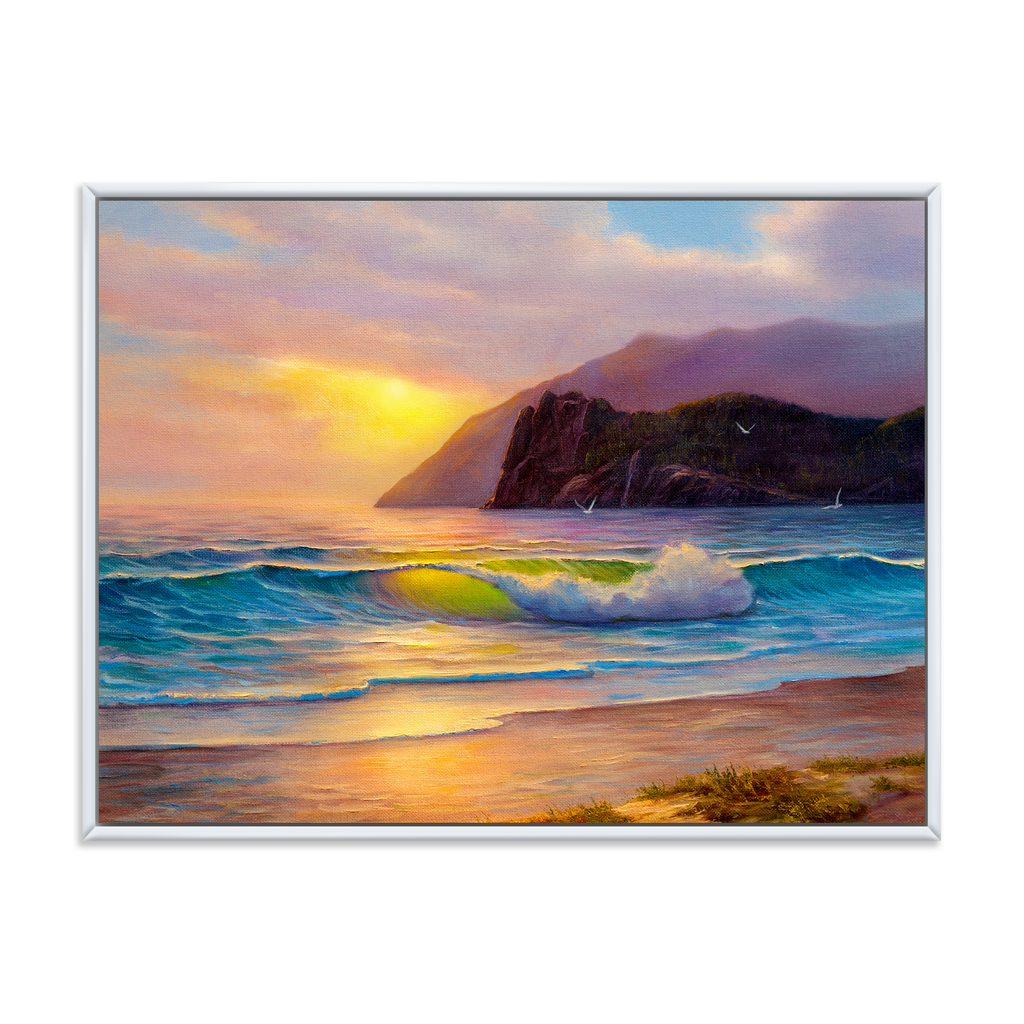 Designart 'Sunrise Glow On The Sea Waves V' Nautical & Coastal Framed Canvas Wall Art Print