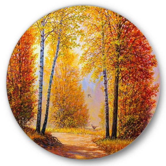 Designart 'Sunrise Glow Through The Autumn Trees' Lake House Circle Metal Wall Art 36x36 - Disc of 36