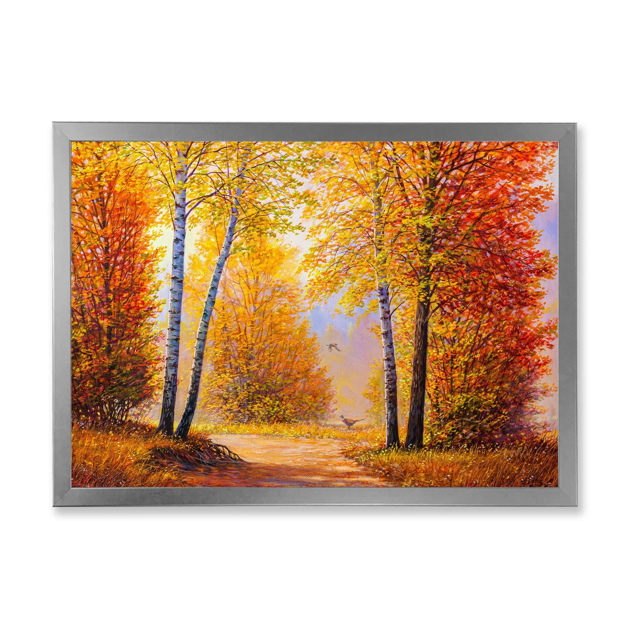 Designart 'Sunrise Glow Through The Autumn Trees' Lake House Framed Art Print