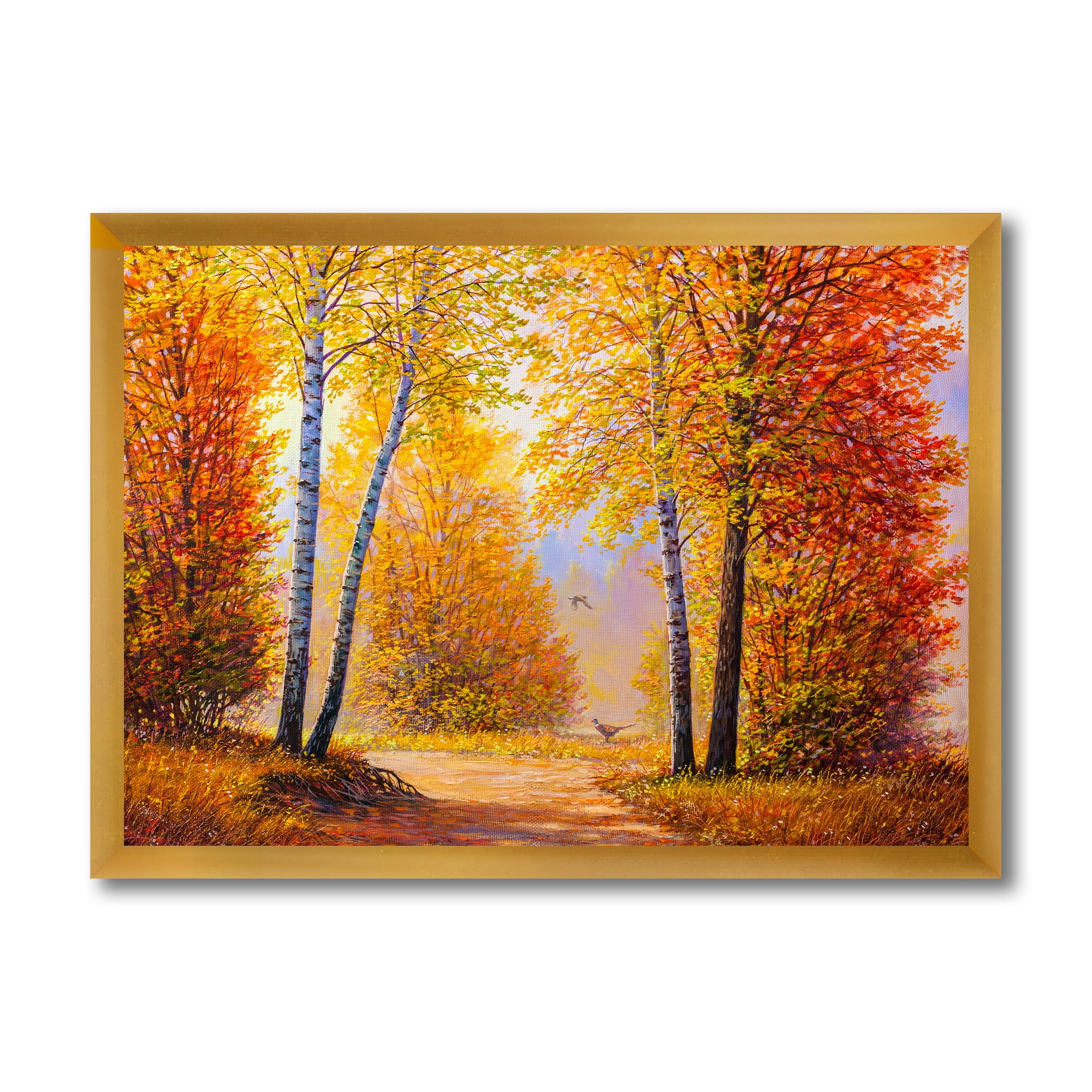 Designart 'Sunrise Glow Through The Autumn Trees' Lake House Framed Art Print