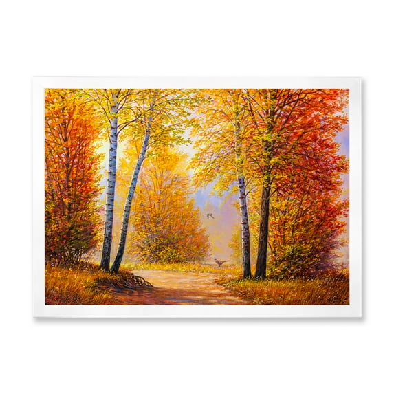 Designart 'Sunrise Glow Through The Autumn Trees' Lake House Framed Art Print