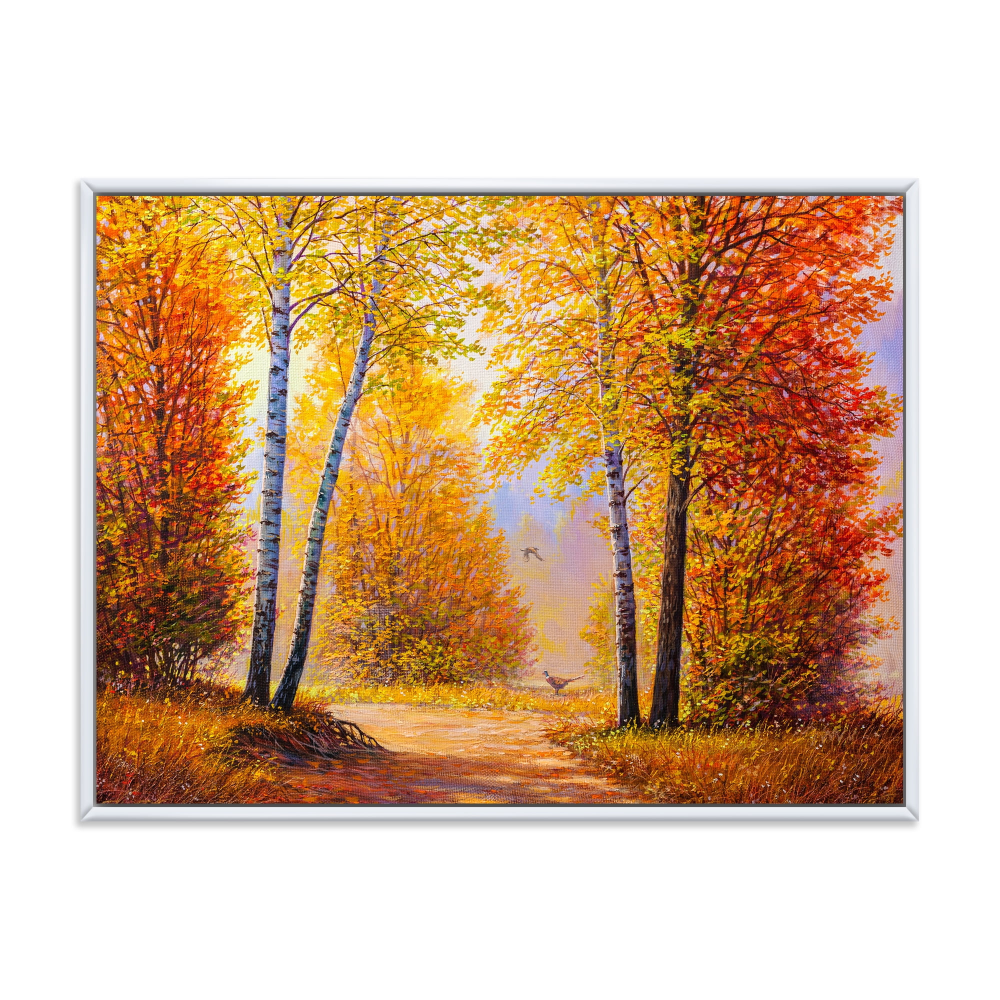 Designart 'Sunrise Glow Through The Autumn Trees' Lake House Framed Canvas Wall Art Print