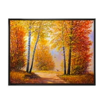Designart 'Sunrise Glow Through The Autumn Trees' Lake House Framed Canvas Wall Art Print