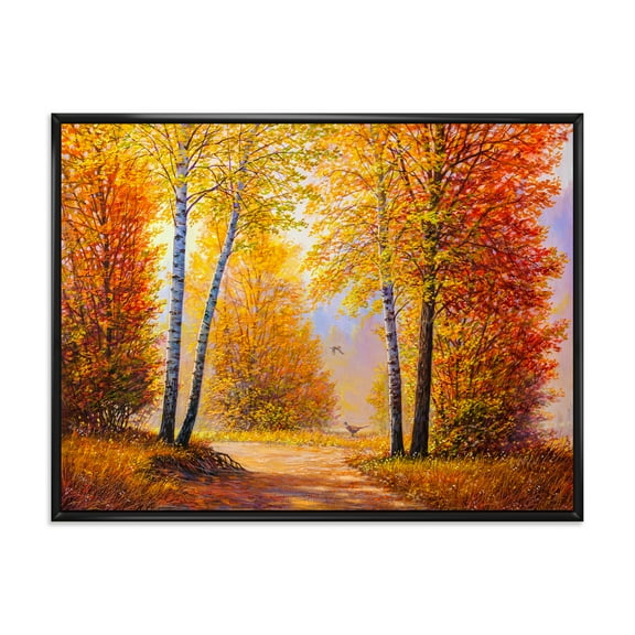 Designart 'Sunrise Glow Through The Autumn Trees' Lake House Framed Canvas Wall Art Print