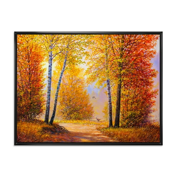 Designart 'Sunrise Glow Through The Autumn Trees' Lake House Framed Canvas Wall Art Print