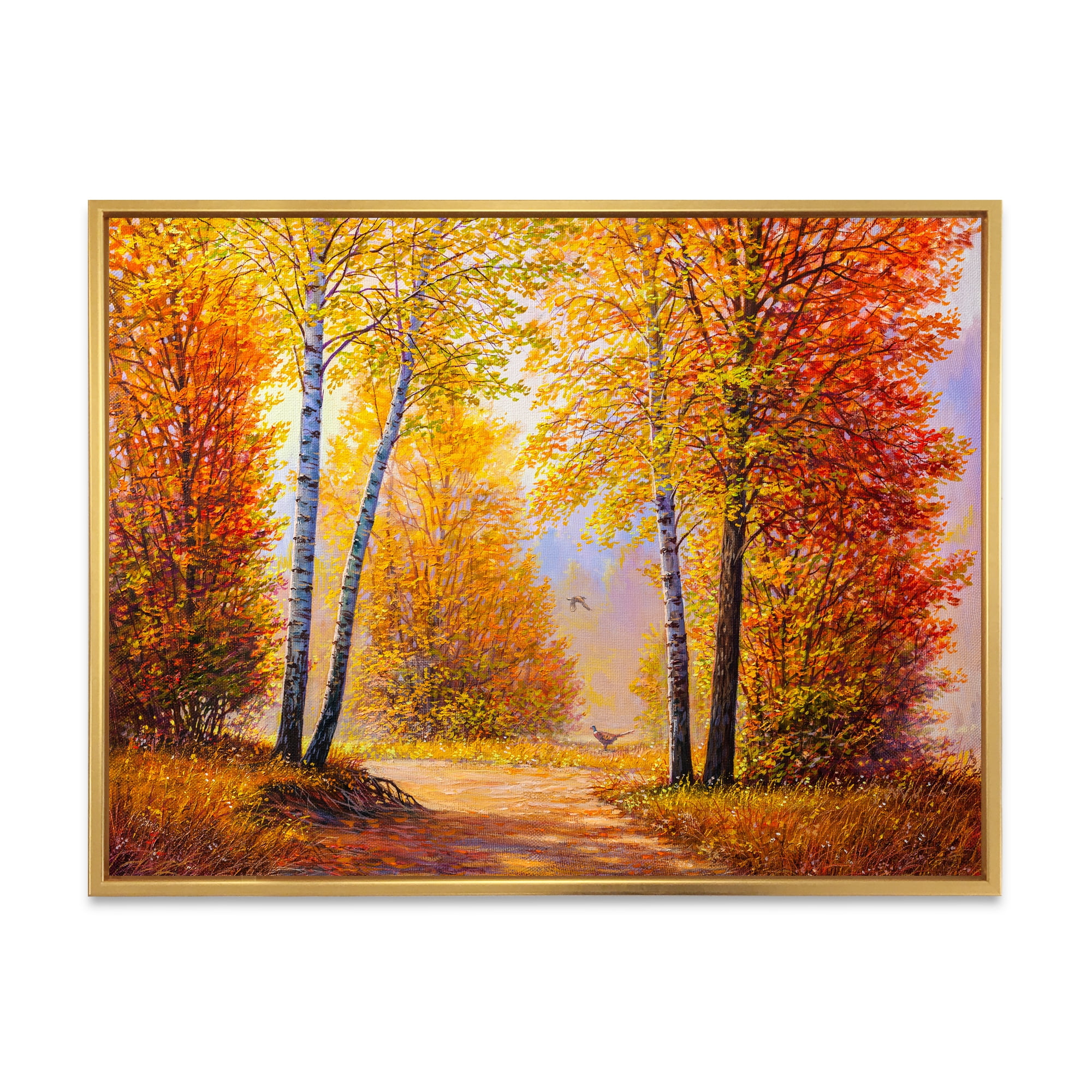 Designart 'Sunrise Glow Through The Autumn Trees' Lake House Framed Canvas Wall Art Print