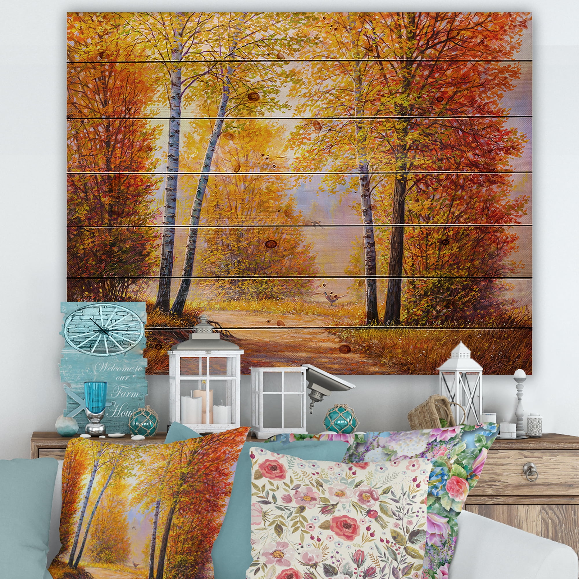 Designart 'Sunrise Glow Through The Autumn Trees' Lake House Print on Natural Pine Wood