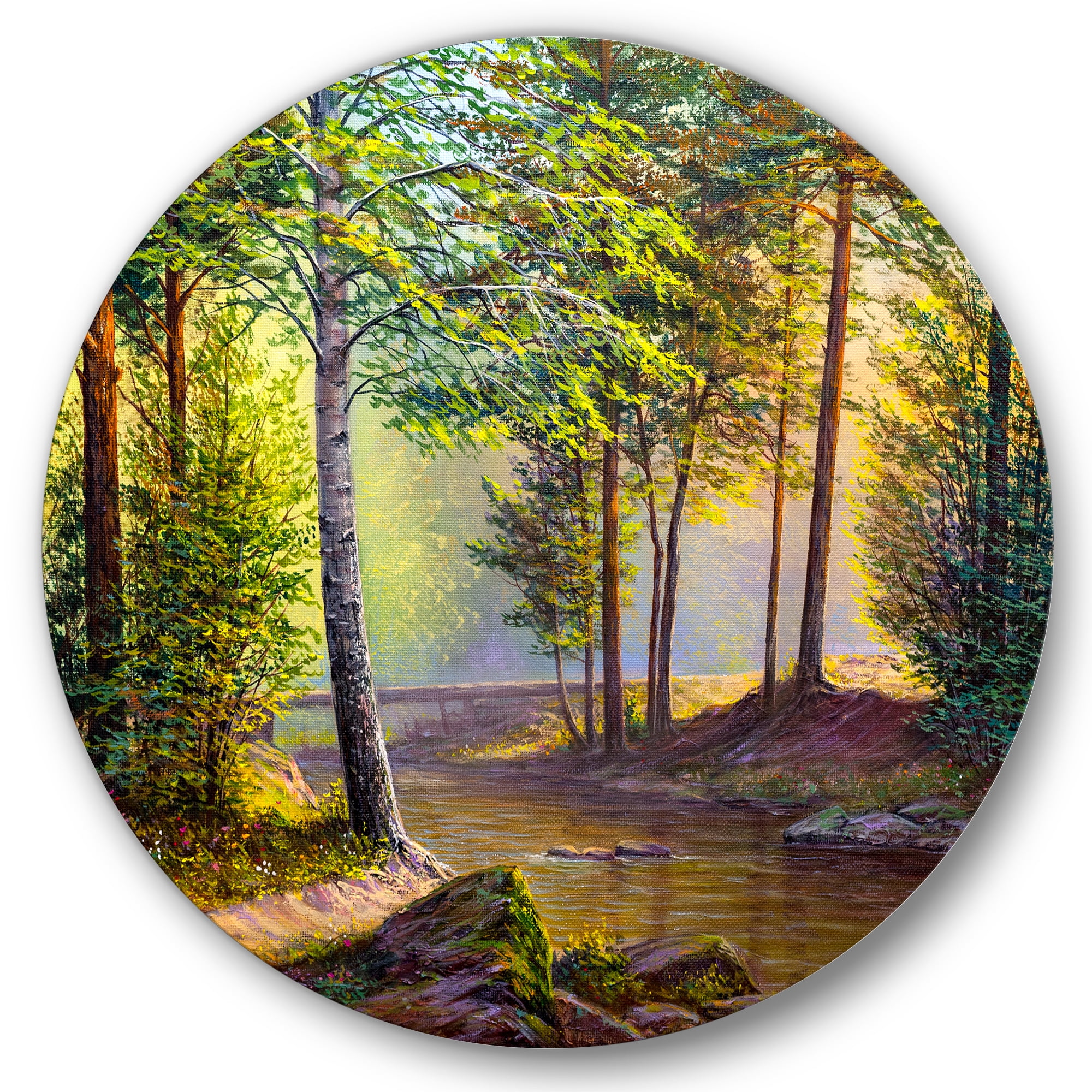 Designart 'Sunrise Glow Through The Awakening Fir Forest' Traditional Circle Metal Wall Art 36x36 - Disc of 36